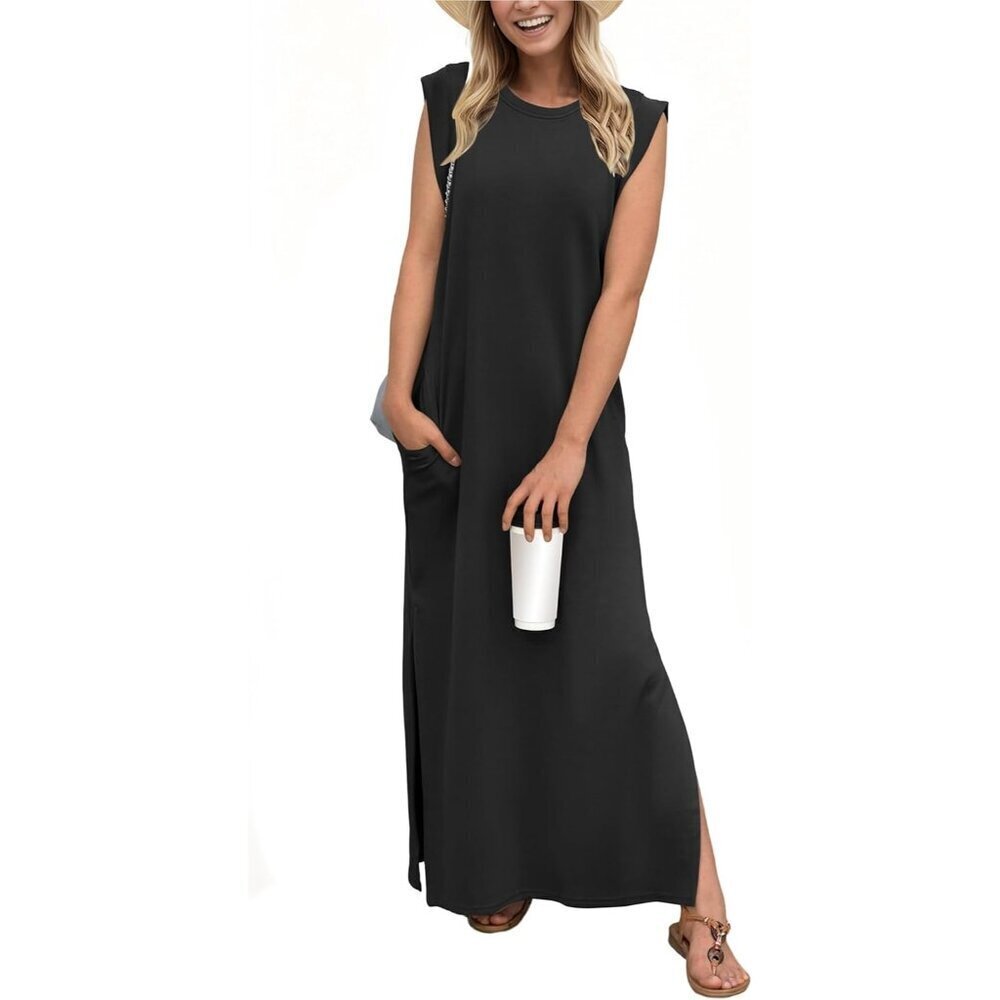 Grecerelle Women Black Round Neck Loose Split Wrinkle-Free Long Maxi Dress
